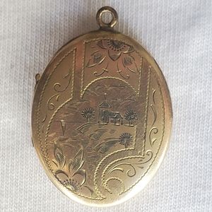 Vintage 12k Gold Etched Locket Pendant Charm Farm Windmill